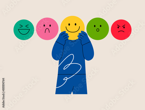 Man holding sign of emotion expressing various emotions. Colorful vector illustration