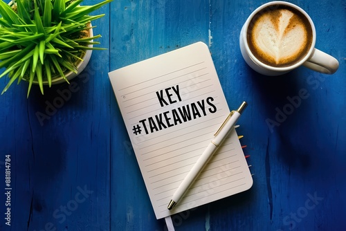 Notebook with Key Takeaways Text, Coffee, and Plant on Blue Table