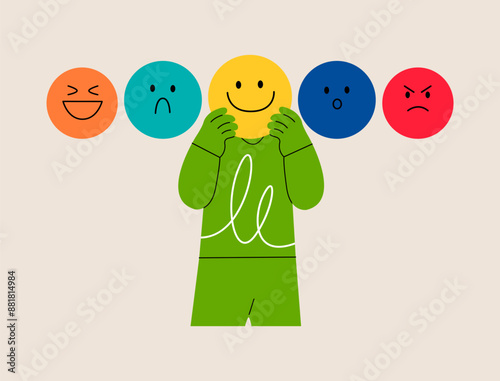 Woman holding sign of emotion expressing various emotions. Colorful vector illustration