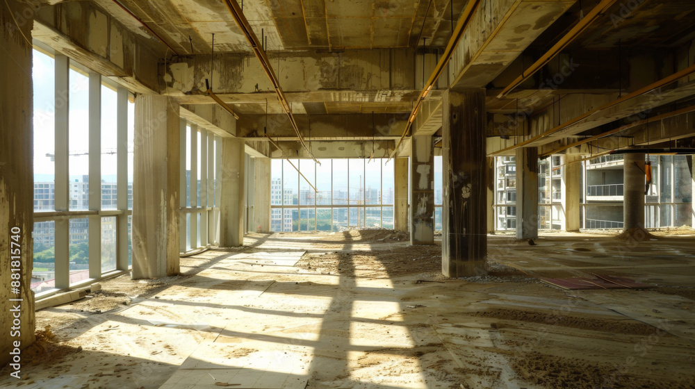 A large empty building with many windows and a lot of space. The building is in disrepair and is being demolished. Construction concept. A large empty building with many windows and a lot of space. The building is in disrepair and is being demolished. Construction concept.