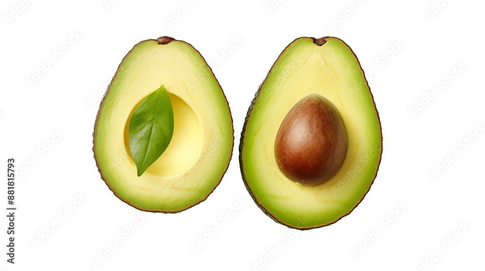 Perfectly ripe avocado halved to show the seed and texture isolated on transparent background Perfectly ripe avocado halved to show the seed and texture isolated on transparent background