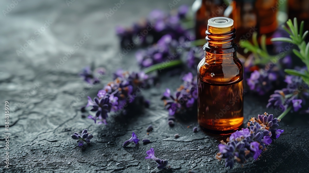 A display of essential oils in glass bottles with scattered lavender flowers on a dark surface, suggesting natural wellness A display of essential oils in glass bottles with scattered lavender flowers on a dark surface, suggesting natural wellness