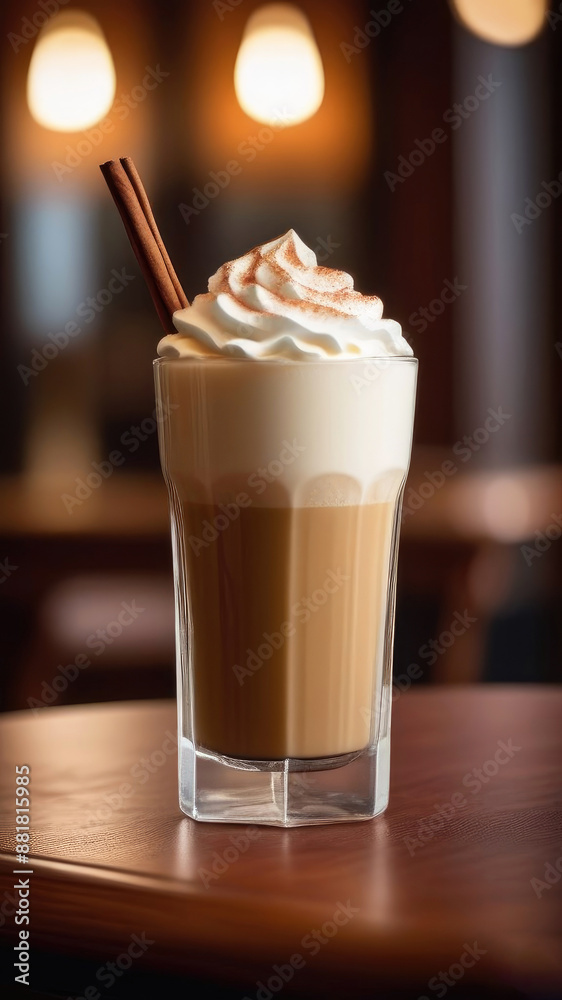 Coffee latte glass with cream foam and cinnamon stick on wooden table on brown bar or cafe background, vertical picture Coffee latte glass with cream foam and cinnamon stick on wooden table on brown bar or cafe background, vertical picture
