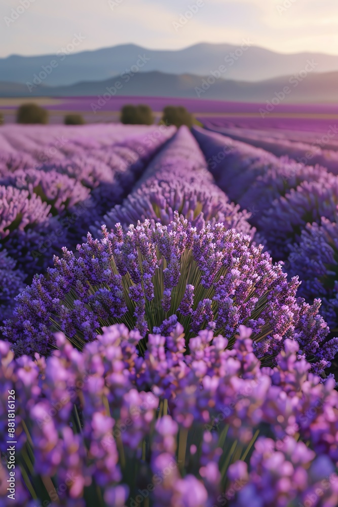 Obraz premium A panoramic view of a captivating lavender field in full bloom, highlighted by a soft purple hue and sunlight