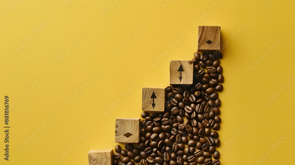 Coffee beans arranged in the shape of an arrow pointing up next to wooden blocks showing growth on a yellow background Coffee beans arranged in the shape of an arrow pointing up next to wooden blocks showing growth on a yellow background