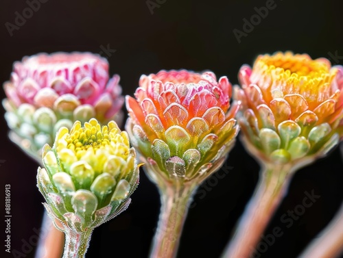 Close-up of four colorful flower buds against a dark background. photo