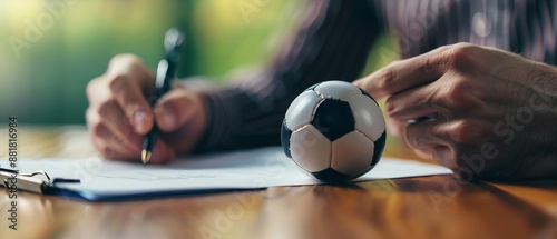 Man signing contract  focus on hand and pen  small soccer ball  business deal
