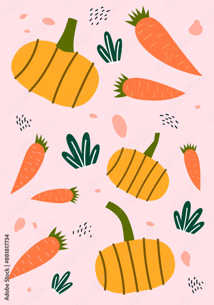 Set of colorful vegetables on light isolated background. Carrots, pumpkins, leaves and seeds. Image on the theme of healthy, vegetarian, organic food. Vector flat illustration. Set of colorful vegetables on light isolated background. Carrots, pumpkins, leaves and seeds. Image on the theme of healthy, vegetarian, organic food. Vector flat illustration.
