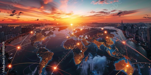 A stunning image of a glowing global trade network overlaid on a modern port city skyline at sunset  illustrating the intersection of commerce and urban development.