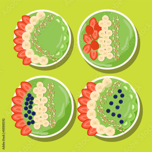 set of Illustration vector graphic of  kiwi or green smoothie bowl with banana, blueberries, strawberries and oats vector