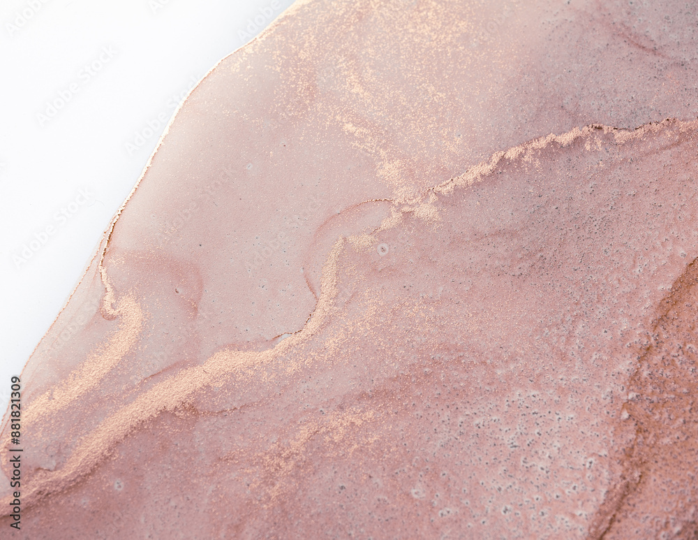 Fototapeta premium Close-up detail of a pink and gold abstract ink swirl background. The texture features delicate swirls and a gradient from white to light pink