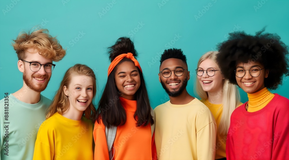 Diverse young people smiling and looking at the camera, representing diversity, wearing bright colored sweaters against an isolated teal background. Diverse young people smiling and looking at the camera, representing diversity, wearing bright colored sweaters against an isolated teal background.