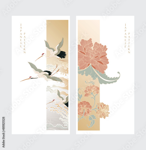 Japanese background with hand drawn Chrysanthemum decorations in vintage style. Crane birds and hand drawn wave card and template design