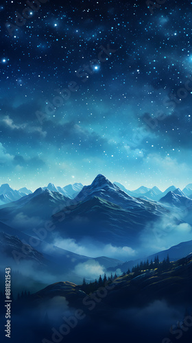 digital cyan blue night mountains and stars design graphics poster mobile phone background