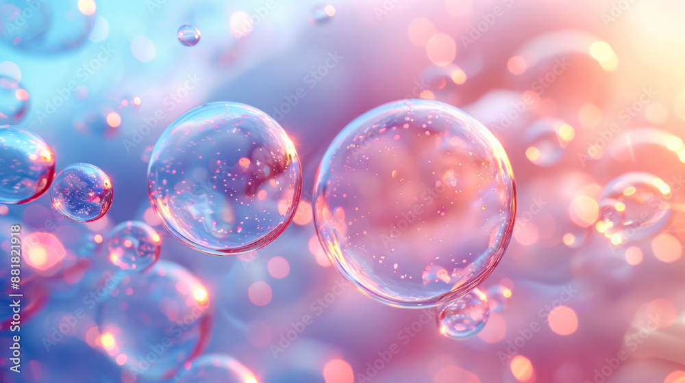 Close-up of many transparent soap bubbles on a bright cloudy background. A large number of bubbles floating in the clouds. Abstract background. Copy space. Close-up of many transparent soap bubbles on a bright cloudy background. A large number of bubbles floating in the clouds. Abstract background. Copy space.