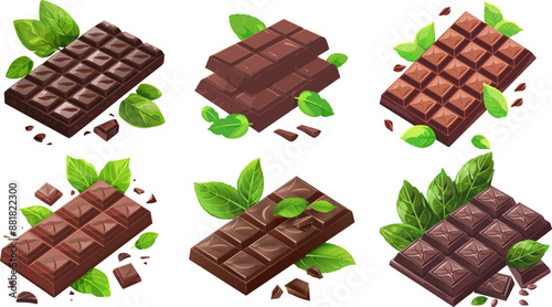 Set of chocolate bars with leaves vector illustration on white background.