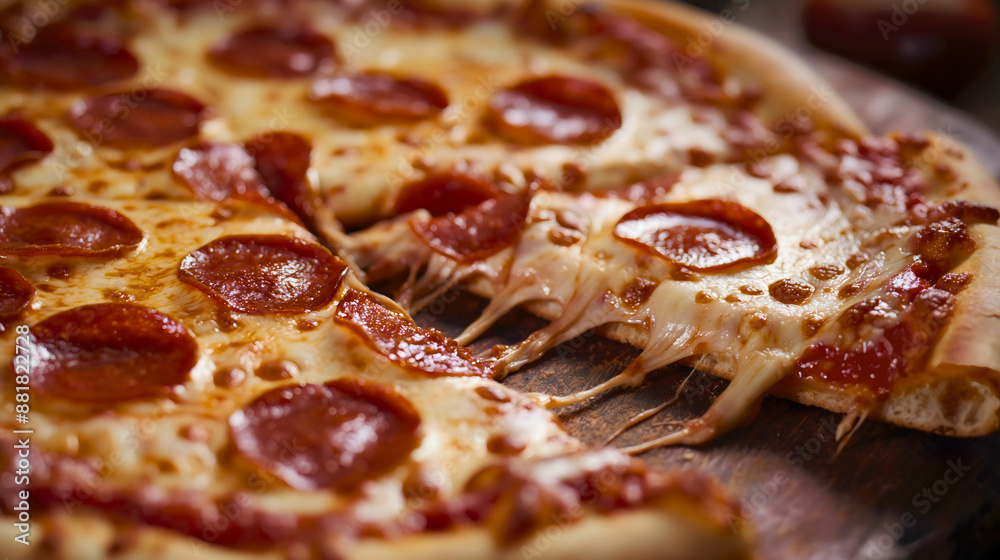 A fresh homemade baked pizza with pepperoni and multiple types of melted, stretchy cheese on a kitchen table, a delicious Italian fast food meal with tomato sauce and mozzarella on a crispy crust. A fresh homemade baked pizza with pepperoni and multiple types of melted, stretchy cheese on a kitchen table, a delicious Italian fast food meal with tomato sauce and mozzarella on a crispy crust.