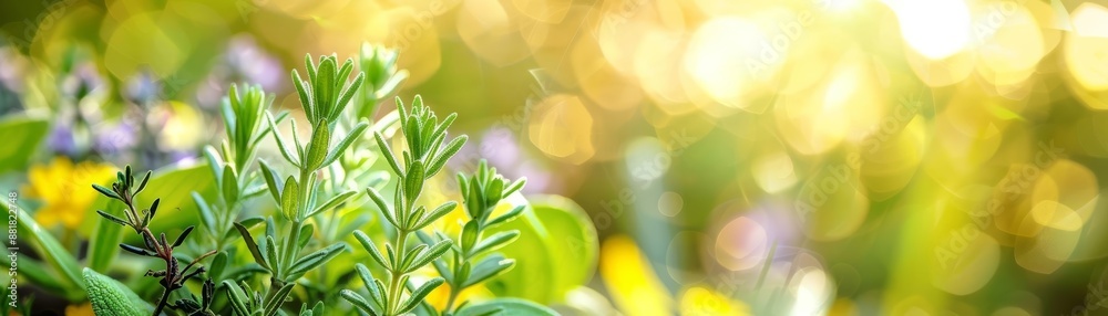 Fototapeta premium Herbs and shrubs in a garden bed, detailed macro shot, vibrant and serene, natures intricacy