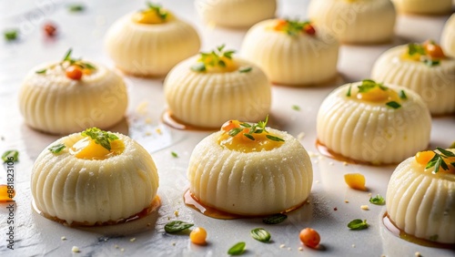 Sweet, milky, soft, and creamy Indian dessert Rasmalai pieces scattered on a clean, minimalist white background with a slight shadow. photo