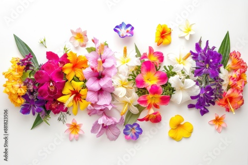 Colorful Hawaiian lei made of fresh flowers isolated on white background. The image showcases a vibrant, traditional floral garland