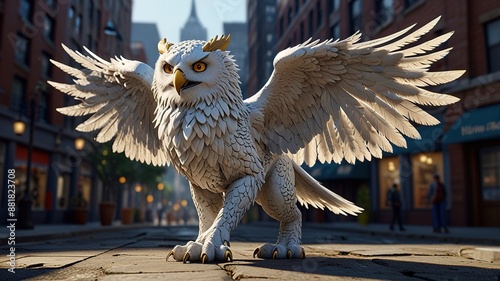 A mythical creature, a type of gryphon, head of a lion, wings of a snow owl. 3D rendering photo