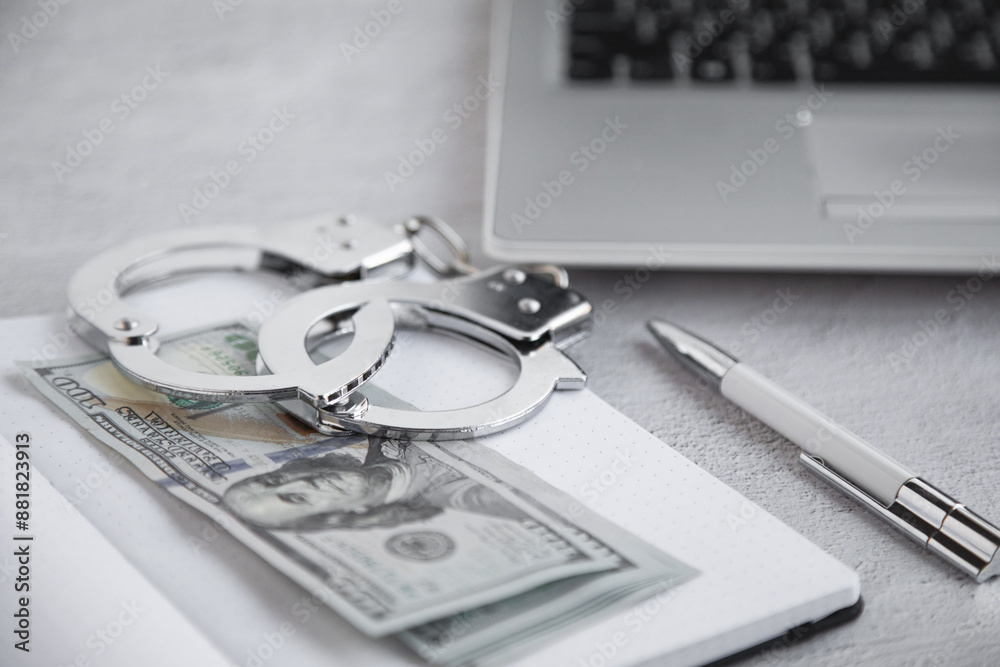close-up and selective sharpness on handcuffs, which lie on Amerekan dollars close-up and selective sharpness on handcuffs, which lie on Amerekan dollars
