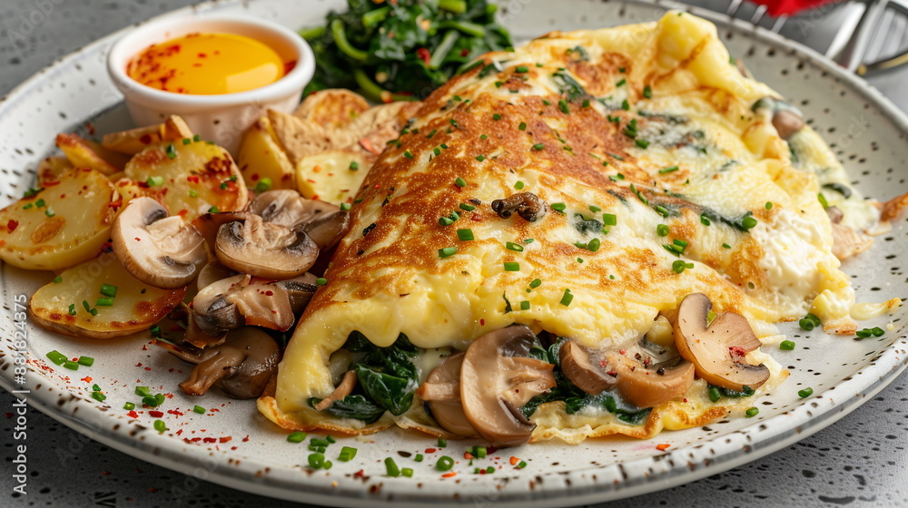 Omelette filled with sauteed mushrooms, spinach, and melted cheese, served with hash browns. Omelette filled with sauteed mushrooms, spinach, and melted cheese, served with hash browns.
