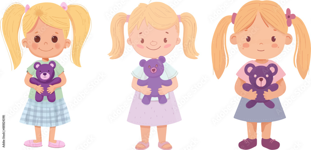 Cute little blonde girl with pigtails holding a teddy bear in her hands, flat vector illustration on white background, Cute little blonde girl with pigtails holding a teddy bear in her hands, flat vector illustration on white background,