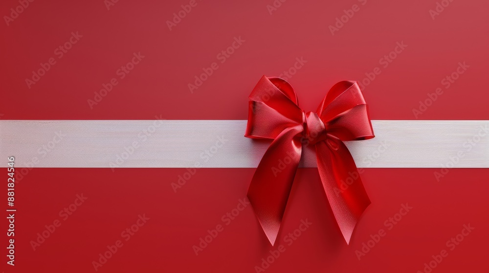 Vibrant red ribbon elegantly tied in a bow on a white stripe against a bold red background, perfect for festive promotions. Luxurious satin texture adds elegance. Ideal for marketing designs Vibrant red ribbon elegantly tied in a bow on a white stripe against a bold red background, perfect for festive promotions. Luxurious satin texture adds elegance. Ideal for marketing designs