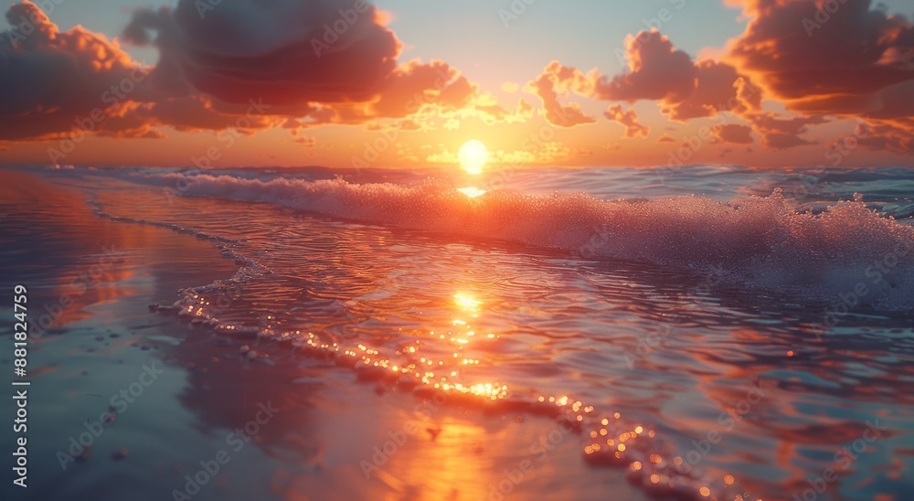 Photorealistic sunset beach surf with sun reflection. Photorealistic sunset beach surf with sun reflection.
