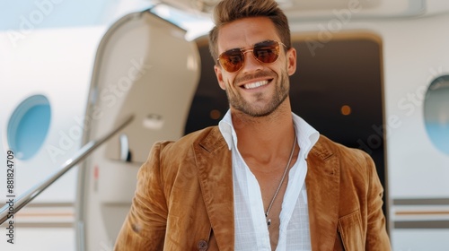 A cheerful man, stylishly dressed in a brown jacket with an open collar shirt, standing near the entrance of a private jet, embodying an aura of success and adventure.
