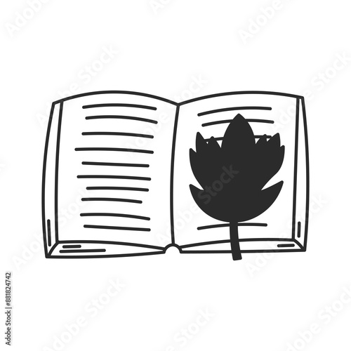 Open Book with Leaf Bookmark Doodle Icon. Hand drawn reading line symbol with herbarium on page. Isolated vector illustration. Cozy Hygge design element.