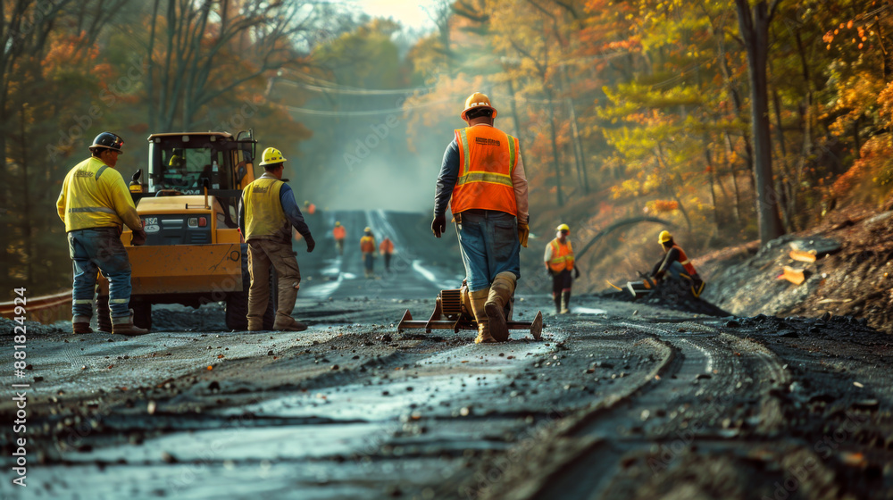 A group of people are working to repair a road. Beautiful realistic shot of the working atmosphere. A group of people are working to repair a road. Beautiful realistic shot of the working atmosphere.