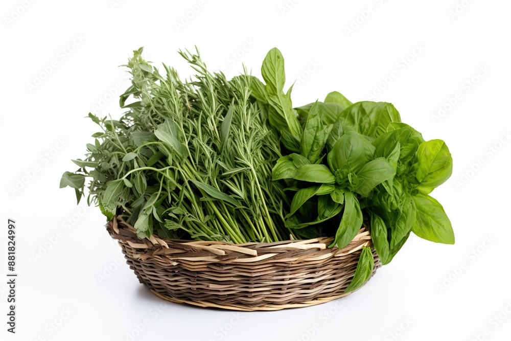 A Basket of Freshly Harvested Herbs for Summer Cooking on White or PNG Transparent Background.. A Basket of Freshly Harvested Herbs for Summer Cooking on White or PNG Transparent Background..
