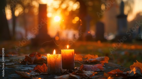 Candles in a Cemetery at Sunset