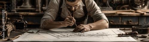 Engineer in a vintage workshop, sketching a prototype design with old-fashioned drafting tools and sepia-toned blueprints, steampunk style, intricate details