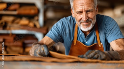 An older man with a beard is deeply engaged in leather crafting, wearing a protective apron and gloves. His concentration highlights dedication and craftsmanship.