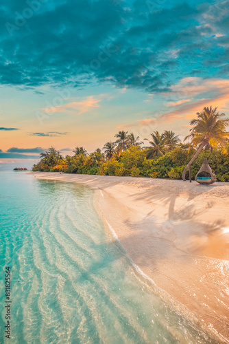 Fototapeta Naklejka Na Ścianę i Meble -  Tranquil closeup calm sea water waves with palm trees. Beautiful sunrise sunset sunlight. Tropical island beach landscape exotic shore coast. Summer vacation, holiday amazing nature. Relax paradise
