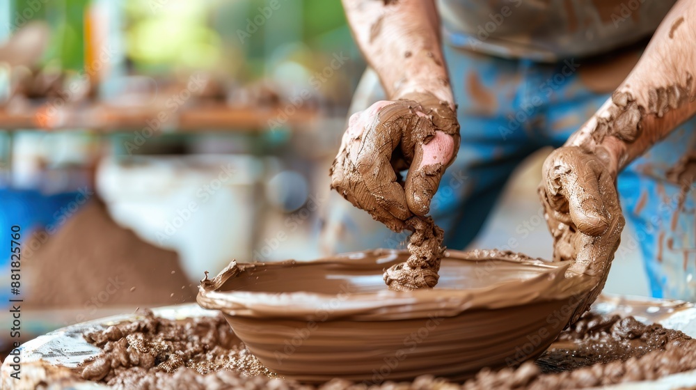 The image shows a potter skillfully shaping a clay bowl on a potter's wheel, with hands covered in wet clay, demonstrating the craftsmanship and artistry of pottery making. The image shows a potter skillfully shaping a clay bowl on a potter's wheel, with hands covered in wet clay, demonstrating the craftsmanship and artistry of pottery making.