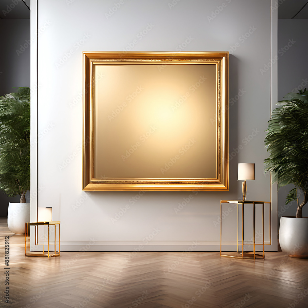 a stylish, large square golden frame in an art gallery a stylish, large square golden frame in an art gallery