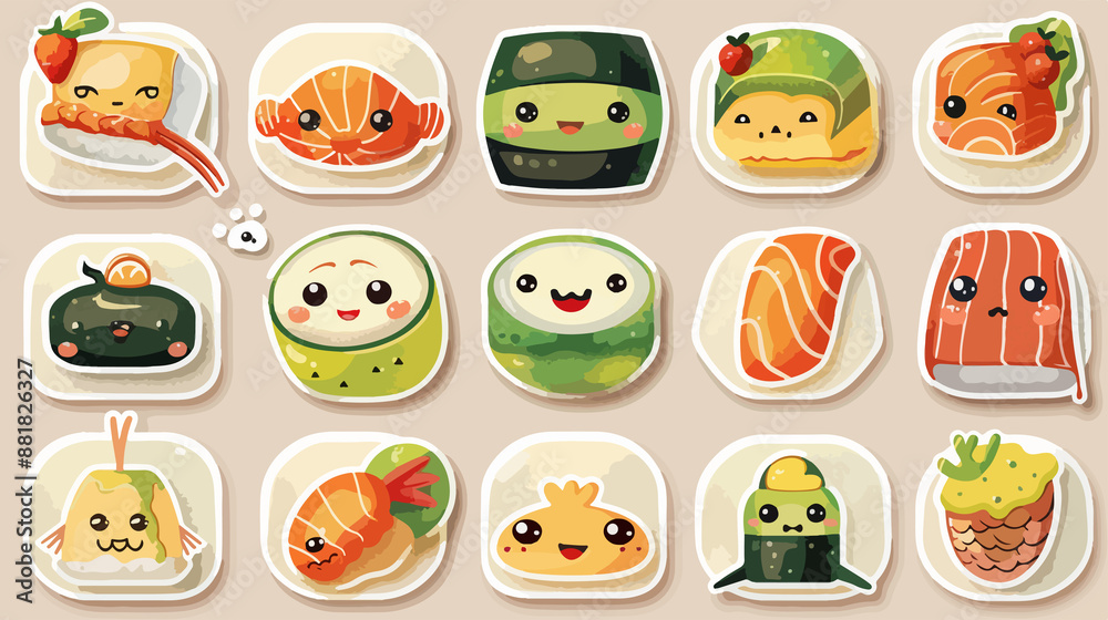 Cute kawaii sushi characters with funny faces, Japanese food illustration, asian food mascot. Japanese dish character sushi roll, funny sushi cartoon character Cute kawaii sushi characters with funny faces, Japanese food illustration, asian food mascot. Japanese dish character sushi roll, funny sushi cartoon character