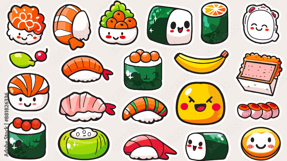 Cute kawaii sushi characters with funny faces, Japanese food illustration, asian food mascot. Japanese dish character sushi roll, funny sushi cartoon character Cute kawaii sushi characters with funny faces, Japanese food illustration, asian food mascot. Japanese dish character sushi roll, funny sushi cartoon character