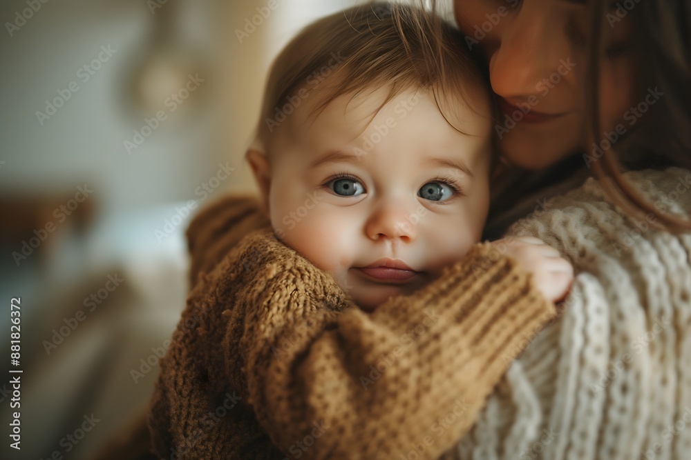 A tender portrait of a loving mother holding her baby, both wearing cozy sweaters , in the soft light and warm atmosphere of their home, focused on a close-up of their faces. A tender portrait of a loving mother holding her baby, both wearing cozy sweaters , in the soft light and warm atmosphere of their home, focused on a close-up of their faces.