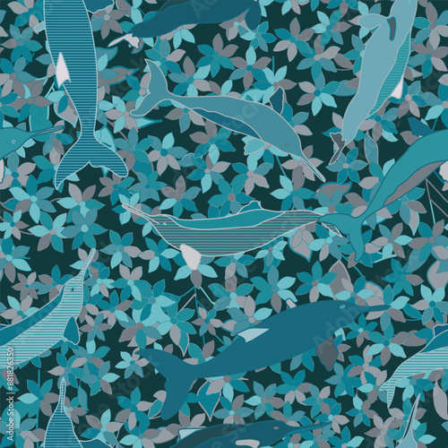 Cartoon dolphin seamless pattern. marine print with ocean animal, flowers. Dolphins swim and jump. Franciscana dolphin vector texture.