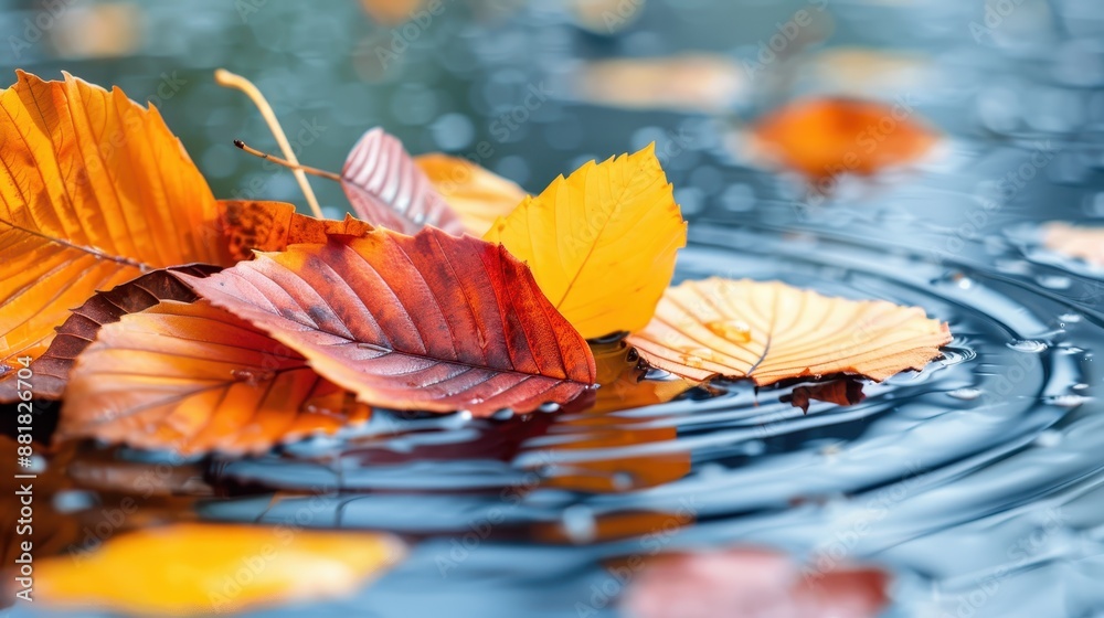 This close-up image showcases a cluster of vibrant autumn leaves floating on a rippling pond, emphasizing the natural beauty and tranquility of the fall season in a detailed perspective.