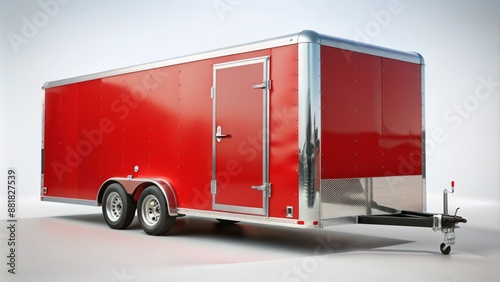 A bright red, enclosed, tandem-axle car trailer with silver wheels and a sleek design, isolated on a neutral background. photo