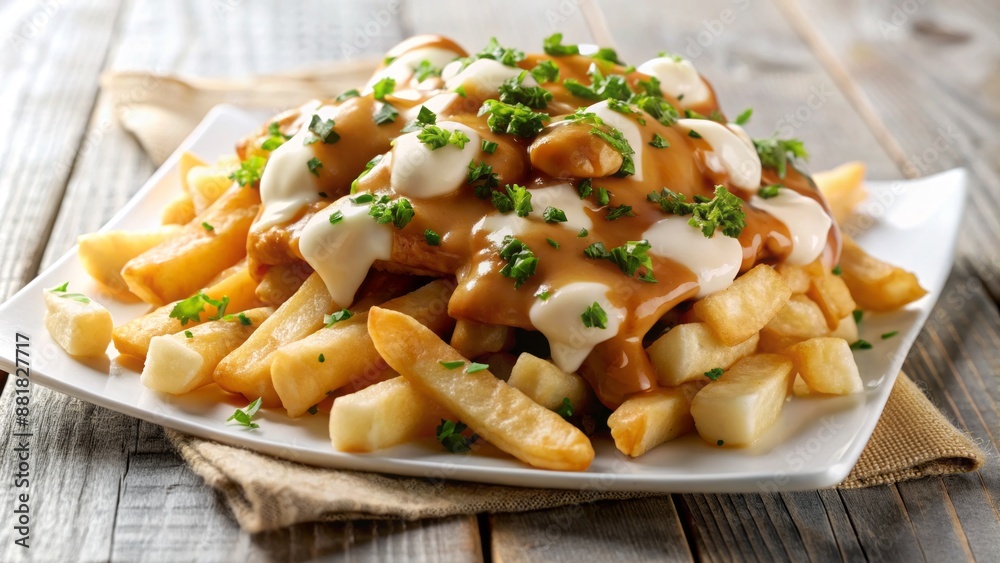 Richly flavored poutine arrangement featuring creamy cheese curds and savory gravy atop a crisp white background, epitomizing Canadian comfort food. Richly flavored poutine arrangement featuring creamy cheese curds and savory gravy atop a crisp white background, epitomizing Canadian comfort food.