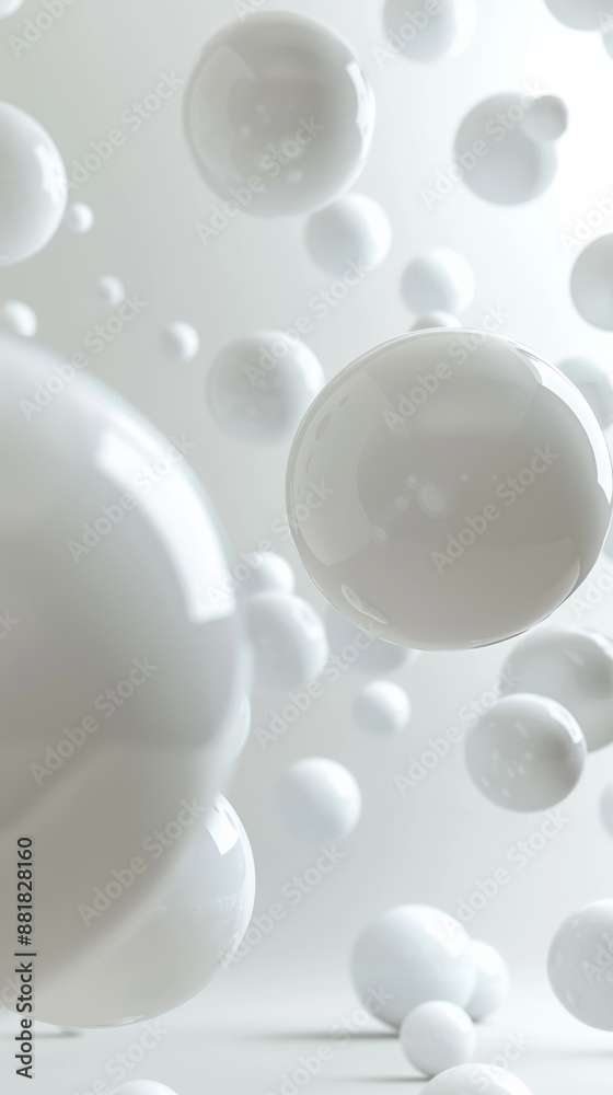 Minimalist render of white spheres of different sizes floating in a white room, creating a sense of weightlessness and purity Minimalist render of white spheres of different sizes floating in a white room, creating a sense of weightlessness and purity