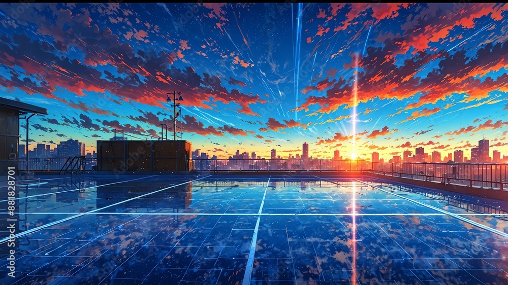 Obraz premium vibrant bright rooftop anime background