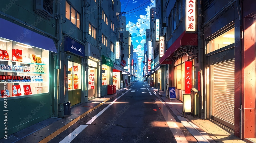 Fototapeta premium vibrant bright shopping district anime background